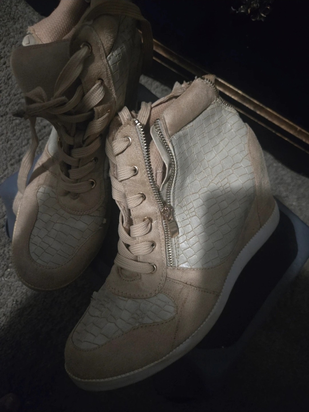 Beige Wedge Sneaker with Side Zip - Women Shoes